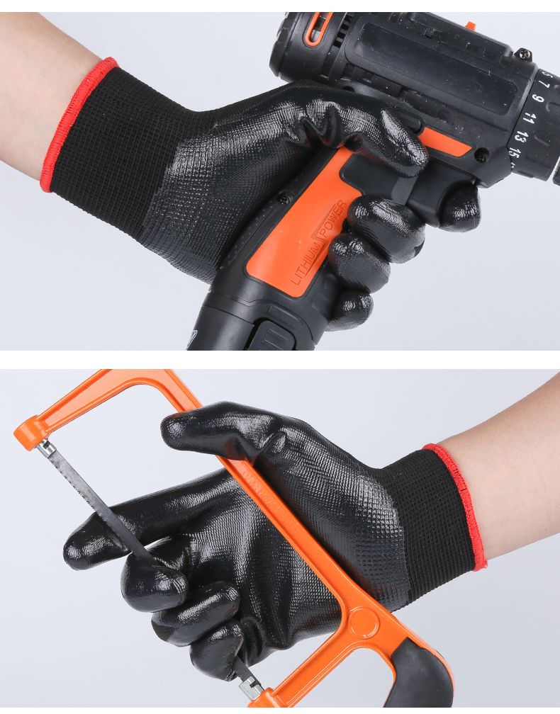 Black nitrile coated outdoor site mine logistics transport wear-resistant, non-slip breathable safety gloves