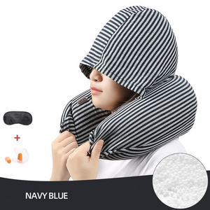 Custom Wholesale Comfortable Striped Particle Hooded U-Shaped Neck Pillow for Travel