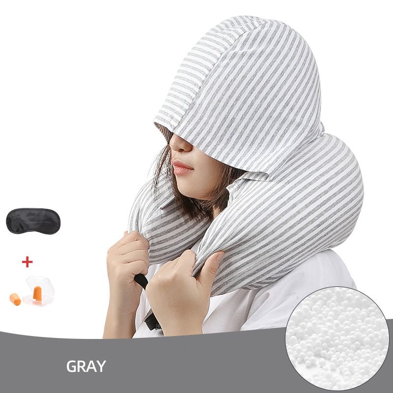 Custom Wholesale Comfortable Striped Particle Hooded U-Shaped Neck Pillow for Travel