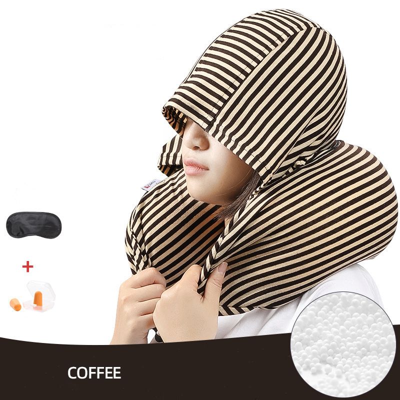 Custom Wholesale Comfortable Striped Particle Hooded U-Shaped Neck Pillow for Travel