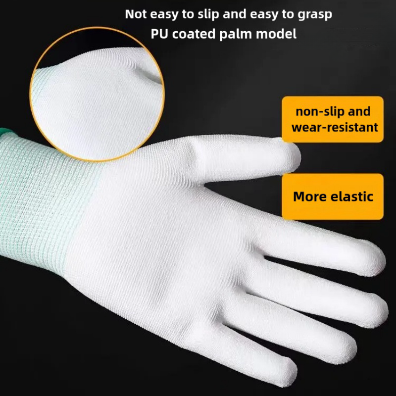 Thin white nylon PU coated palm impregnated rubber wear resistant breathable electronic factory protective gloves