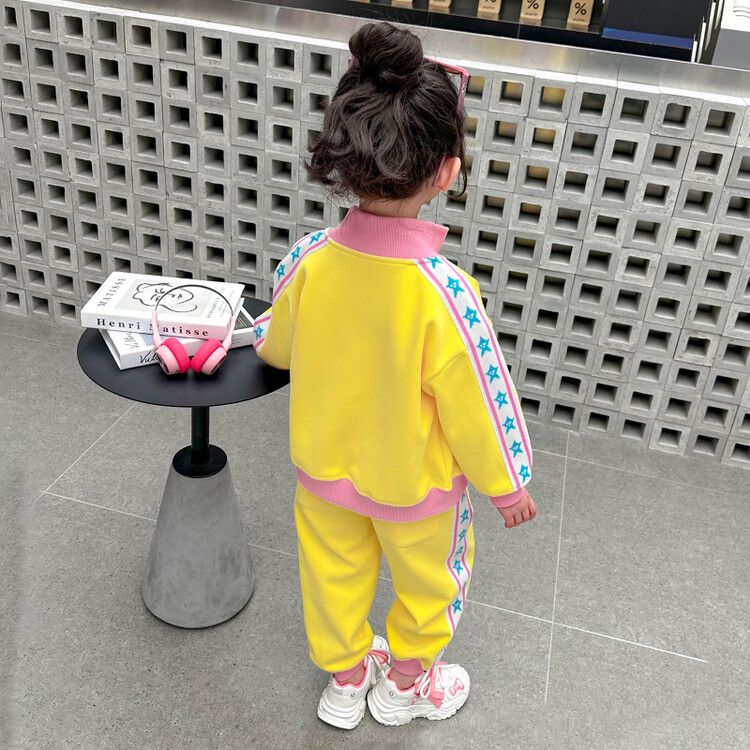 Girls' Colorful Yellow & Pink Cartoon Track Suit - Sporty Jacket and Pants Set for Kids - Perfect for Playtime and Casual Outing