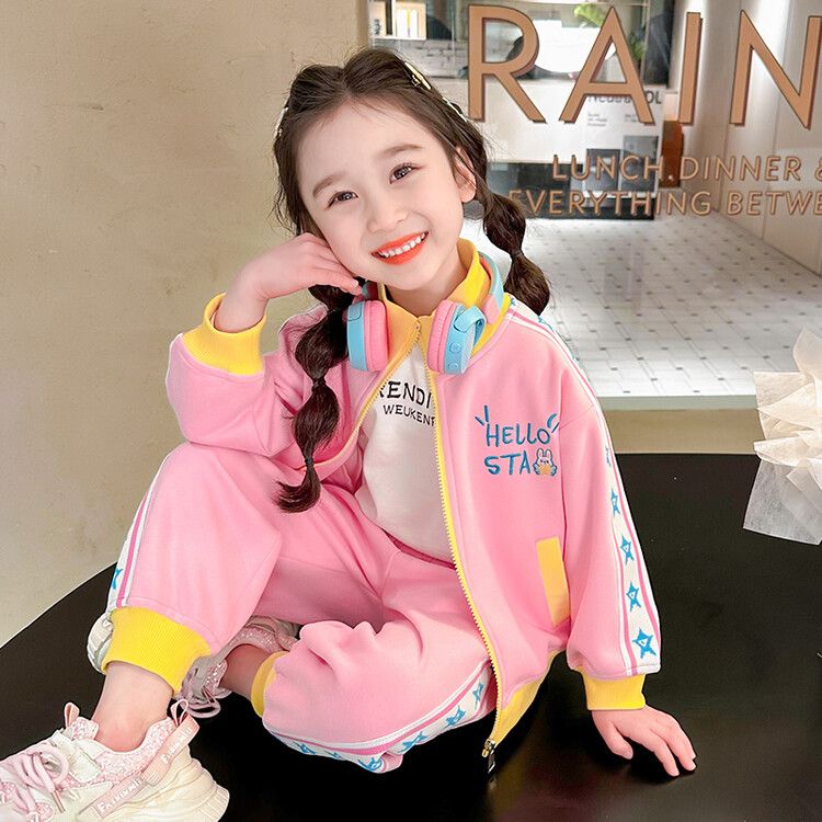 Girls' Colorful Yellow & Pink Cartoon Track Suit - Sporty Jacket and Pants Set for Kids - Perfect for Playtime and Casual Outing