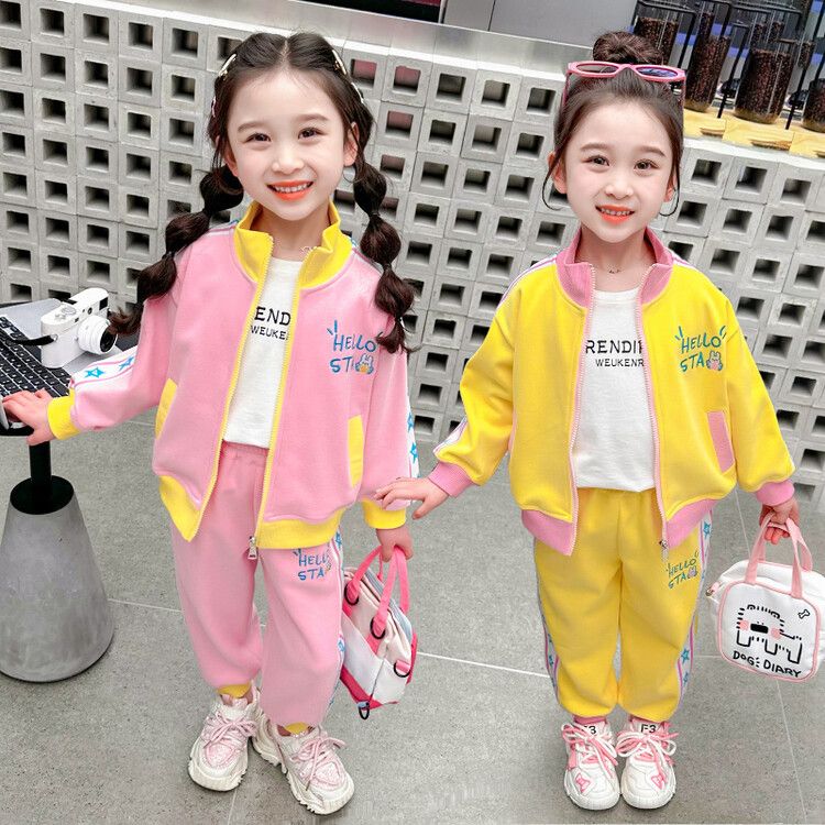 Girls' Colorful Yellow & Pink Cartoon Track Suit - Sporty Jacket and Pants Set for Kids - Perfect for Playtime and Casual Outing