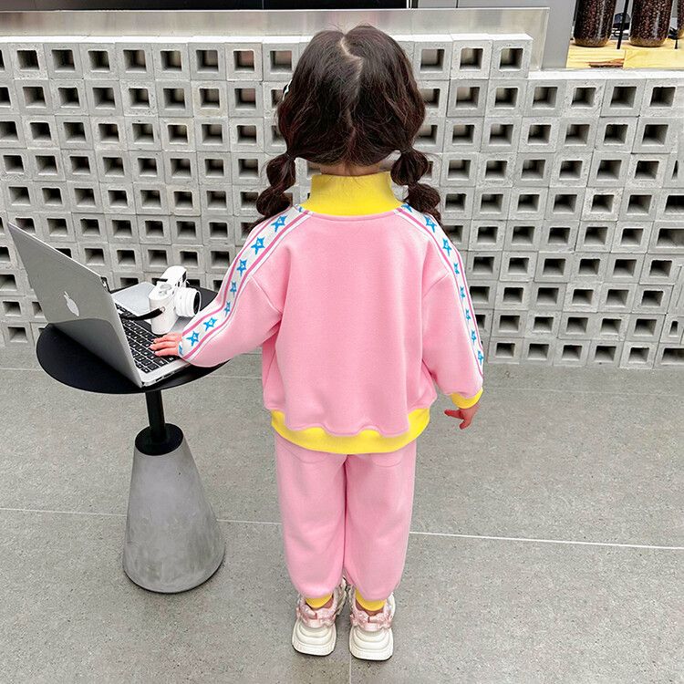 Girls' Colorful Yellow & Pink Cartoon Track Suit - Sporty Jacket and Pants Set for Kids - Perfect for Playtime and Casual Outing