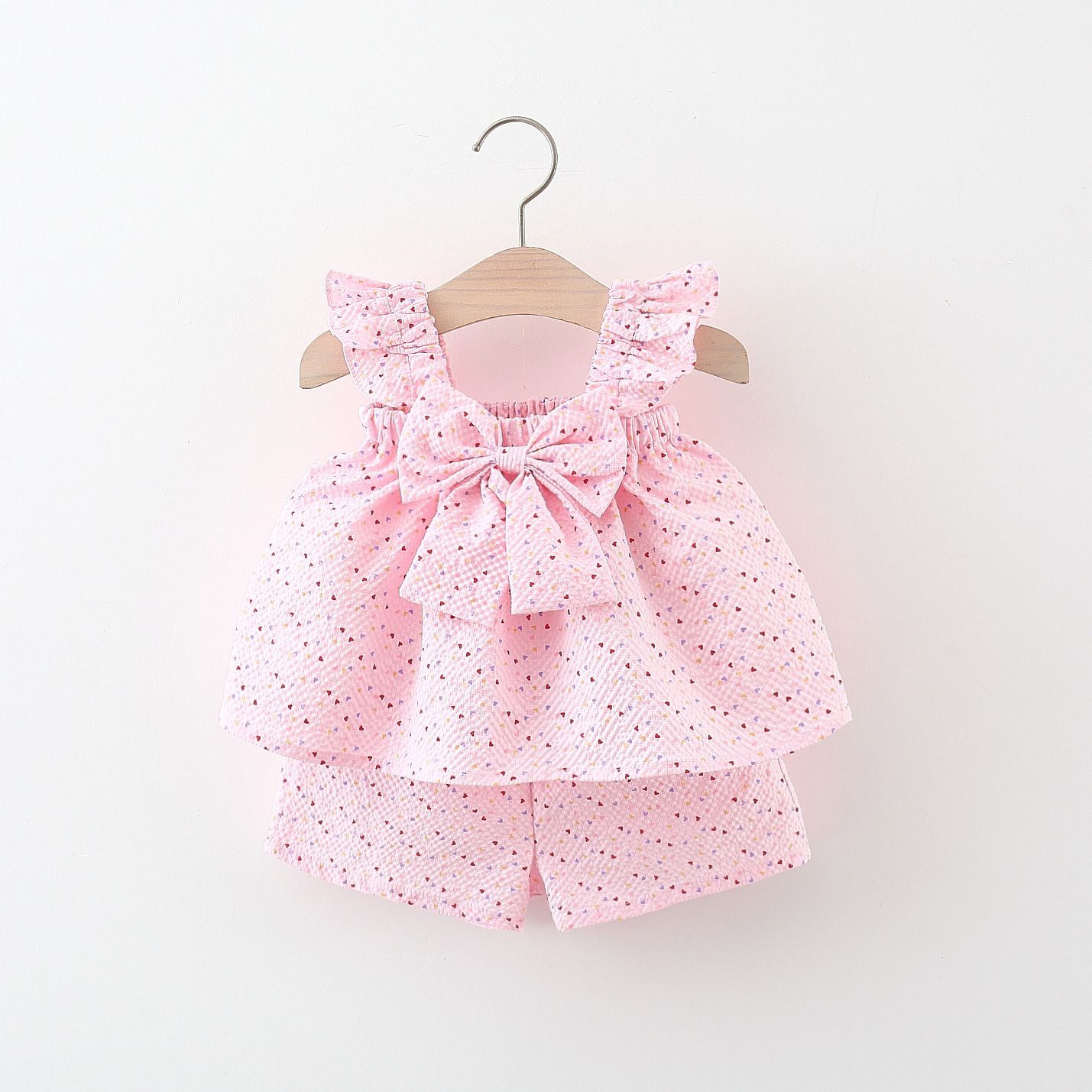 Girls' Summer Cotton Outfit - Pink Sleeveless Top and Shorts Set with Bow