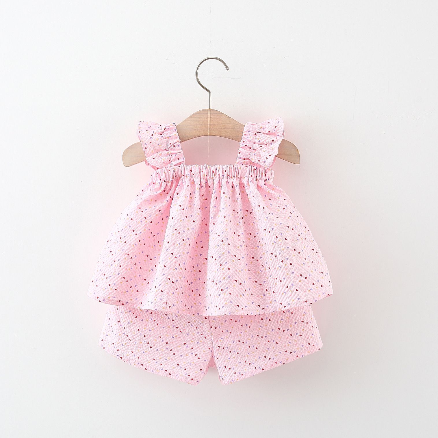 Girls' Summer Cotton Outfit - Pink Sleeveless Top and Shorts Set with Bow