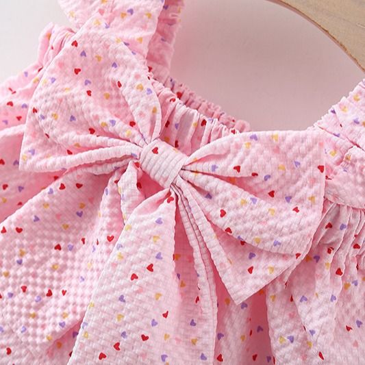 Girls' Summer Cotton Outfit - Pink Sleeveless Top and Shorts Set with Bow