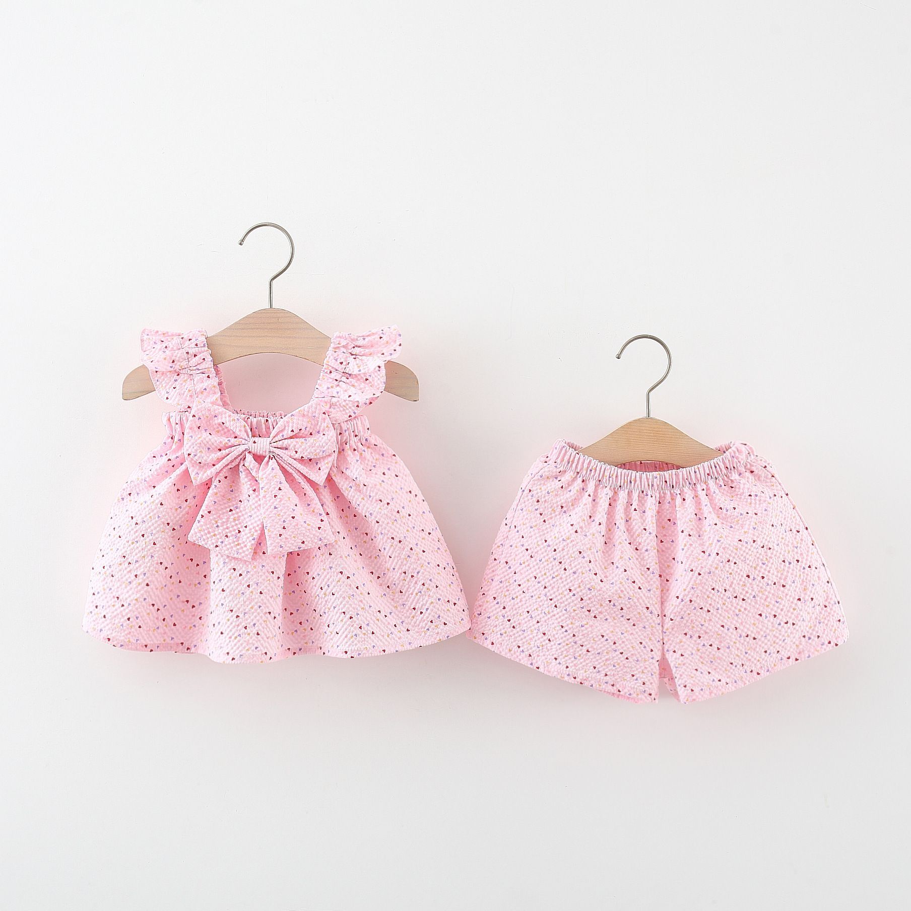 Girls' Summer Cotton Outfit - Pink Sleeveless Top and Shorts Set with Bow