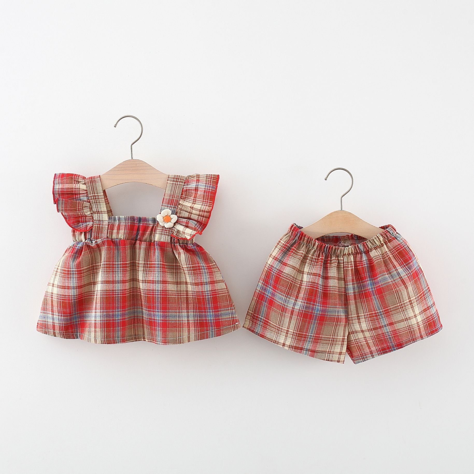 Girls' Summer Cotton Plaid Outfit - Sleeveless Top and Shorts Set with Ruffle Straps