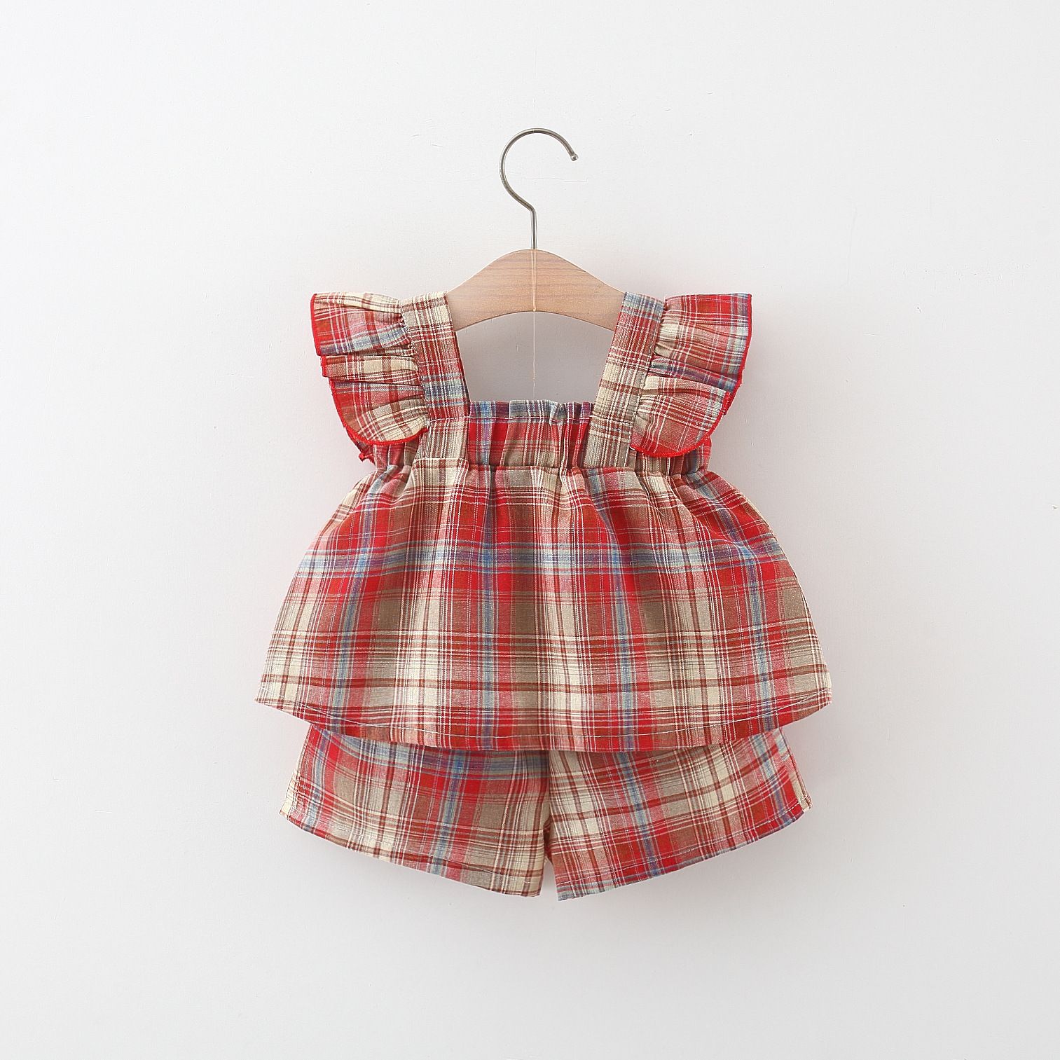 Girls' Summer Cotton Plaid Outfit - Sleeveless Top and Shorts Set with Ruffle Straps