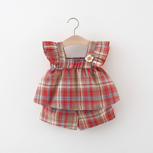 Girls' Summer Cotton Plaid Outfit - Sleeveless Top and Shorts Set with Ruffle Straps