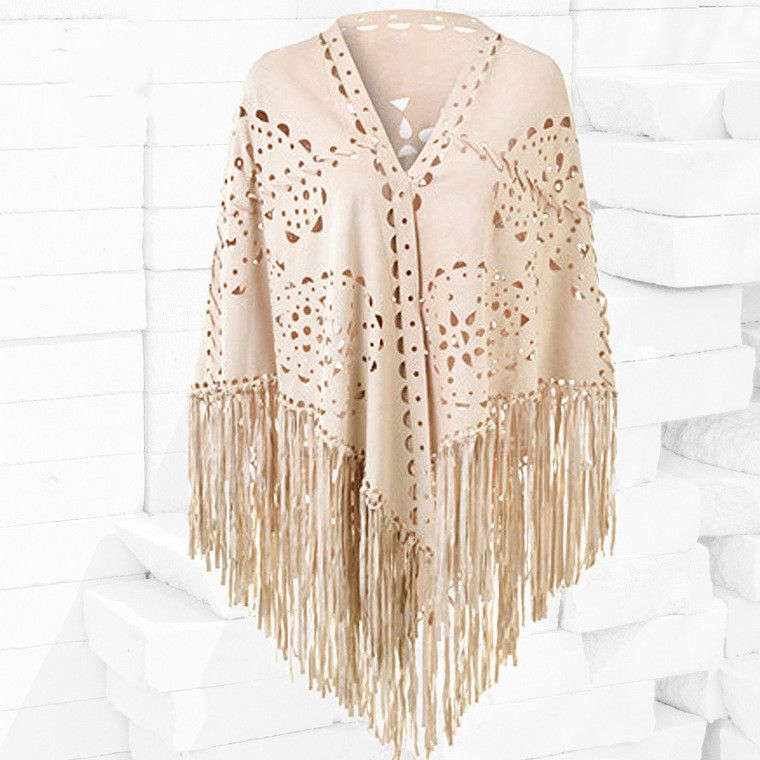 Niche shawls Personality Suede cape Cape hollowed-out tassel scarf Ladies gift premium sense