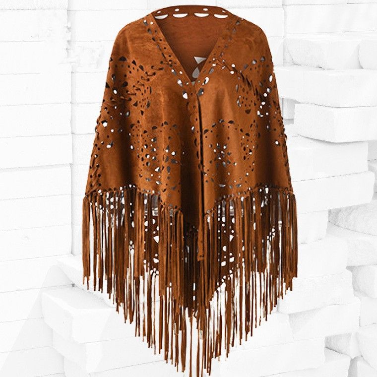 Niche shawls Personality Suede cape Cape hollowed-out tassel scarf Ladies gift premium sense