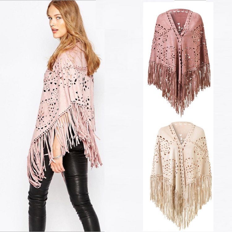 Niche shawls Personality Suede cape Cape hollowed-out tassel scarf Ladies gift premium sense