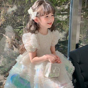 2024 Boutique Fancy Design Plain Color Beaded Girl's Dresses Birthday Party Clothing s Kid Summer Dress Wear with Bow