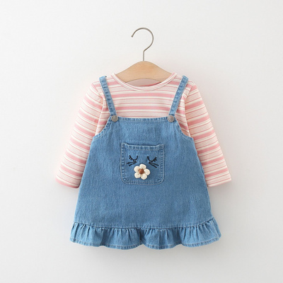 Adorable Girls' Pink and Brown Striped Long-Sleeve Denim Jumper Dress with Embroidered Floral Pocket