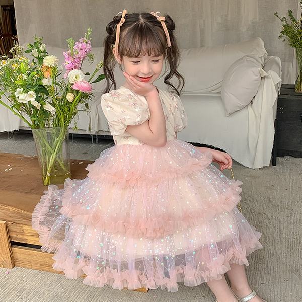 Summer Pink Princess Dress for Baby Girls Patchwork Wedding Party Clothing for Kids Teenage Dress for Kids