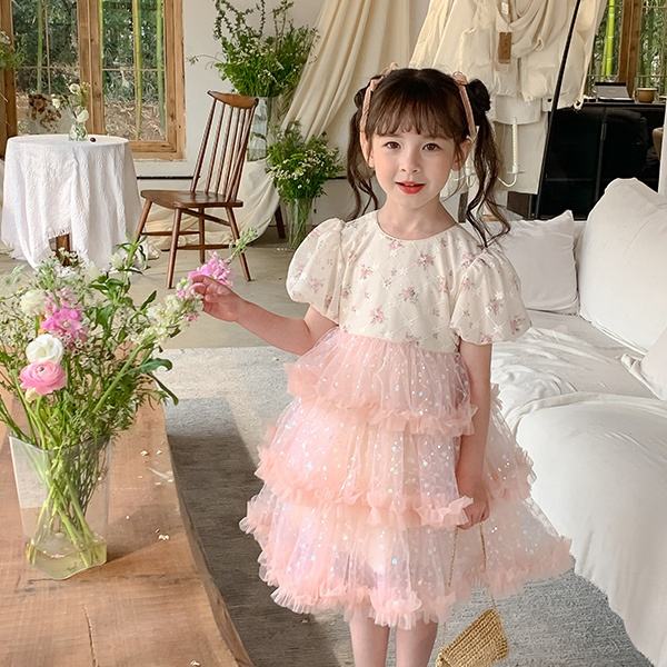 Summer Pink Princess Dress for Baby Girls Patchwork Wedding Party Clothing for Kids Teenage Dress for Kids