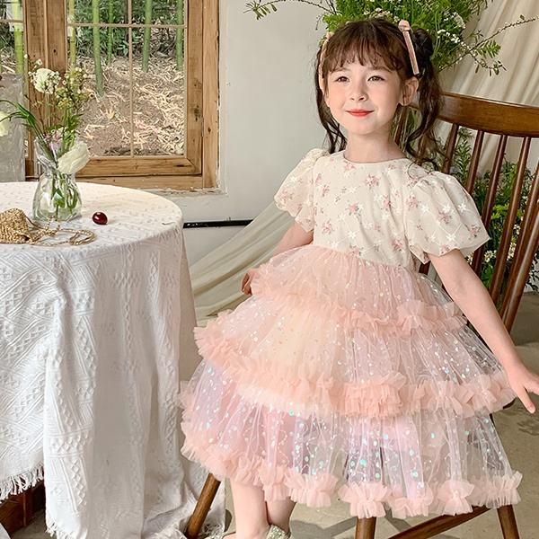 Summer Pink Princess Dress for Baby Girls Patchwork Wedding Party Clothing for Kids Teenage Dress for Kids