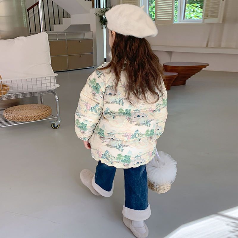 OEM Children Fashion Chinese Landscape Painting Patterns Print Down Coat For Spring And Autumn Lovely Long Sleeve Jacket