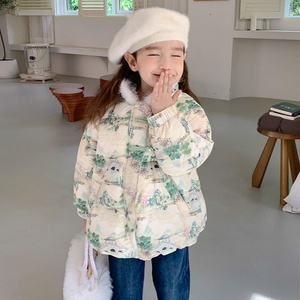 OEM Children Fashion Chinese Landscape Painting Patterns Print Down Coat For Spring And Autumn Lovely Long Sleeve Jacket