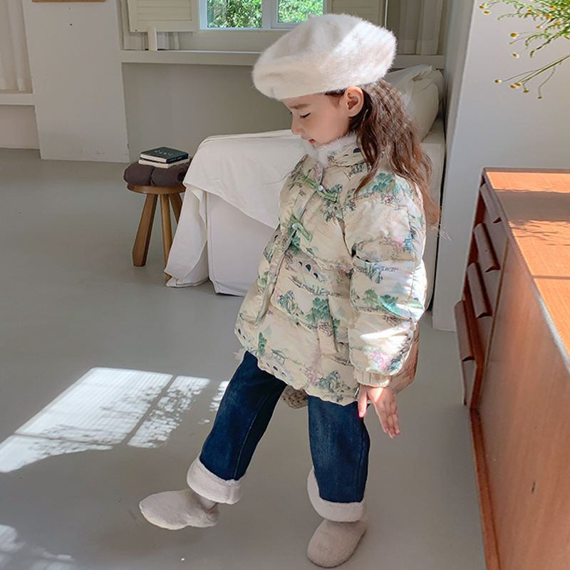 OEM Children Fashion Chinese Landscape Painting Patterns Print Down Coat For Spring And Autumn Lovely Long Sleeve Jacket