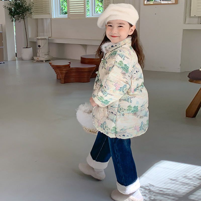 OEM Children Fashion Chinese Landscape Painting Patterns Print Down Coat For Spring And Autumn Lovely Long Sleeve Jacket