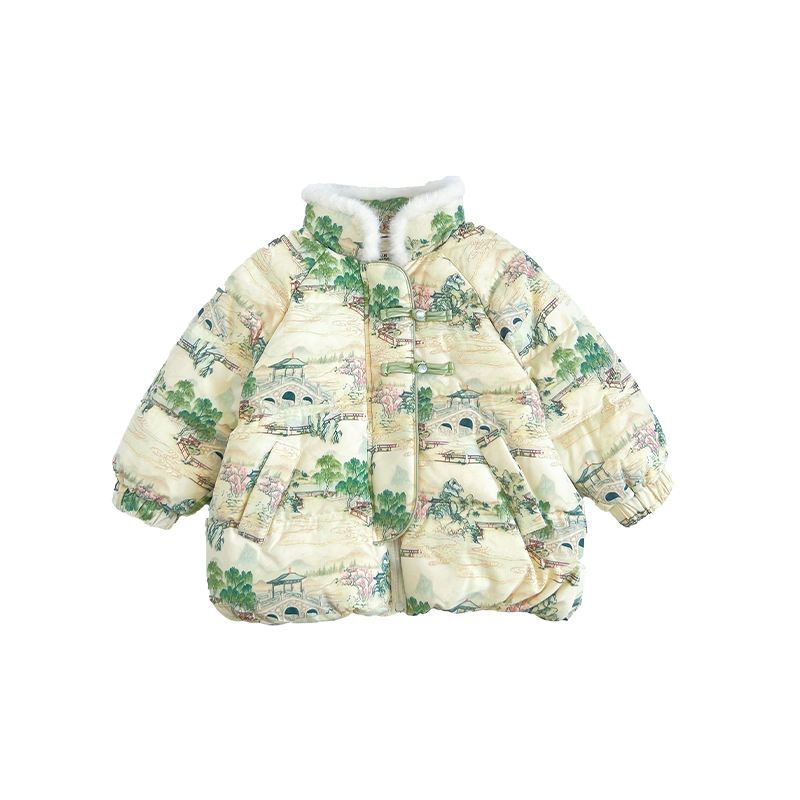 OEM Children Fashion Chinese Landscape Painting Patterns Print Down Coat For Spring And Autumn Lovely Long Sleeve Jacket