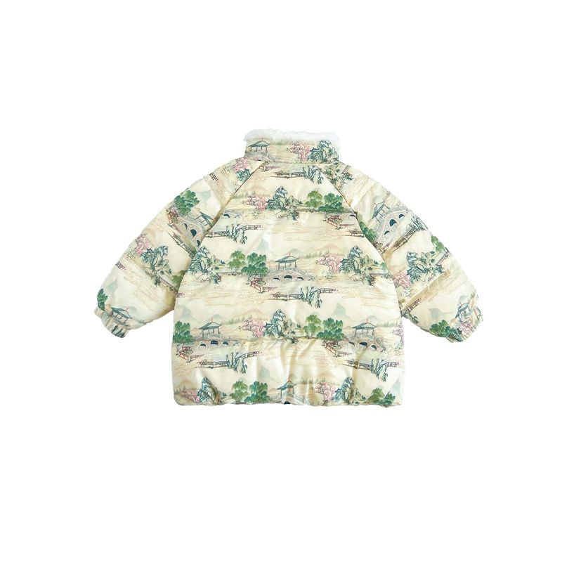 OEM Children Fashion Chinese Landscape Painting Patterns Print Down Coat For Spring And Autumn Lovely Long Sleeve Jacket