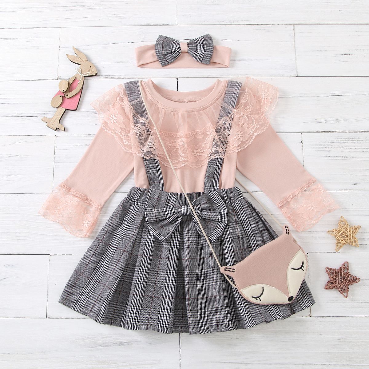 Spring Summer Ins Style European American Boys And Girls Suits Plaid Strap Lace Culottes Kid Clothes Set