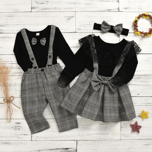 Spring Summer Ins Style European American Boys And Girls Suits Plaid Strap Lace Culottes Kid Clothes Set