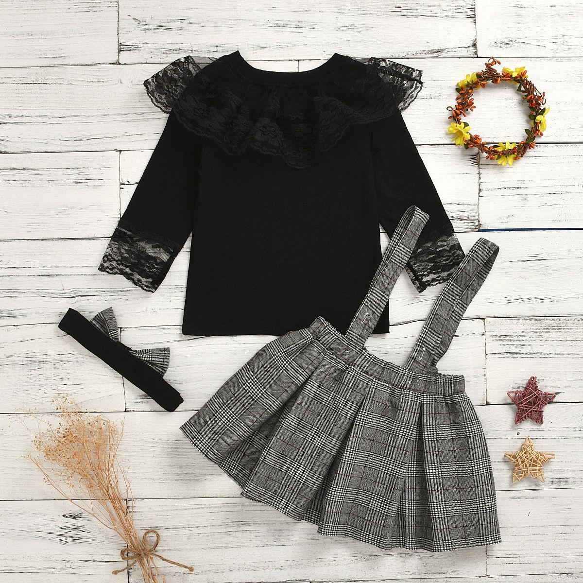 Spring Summer Ins Style European American Boys And Girls Suits Plaid Strap Lace Culottes Kid Clothes Set