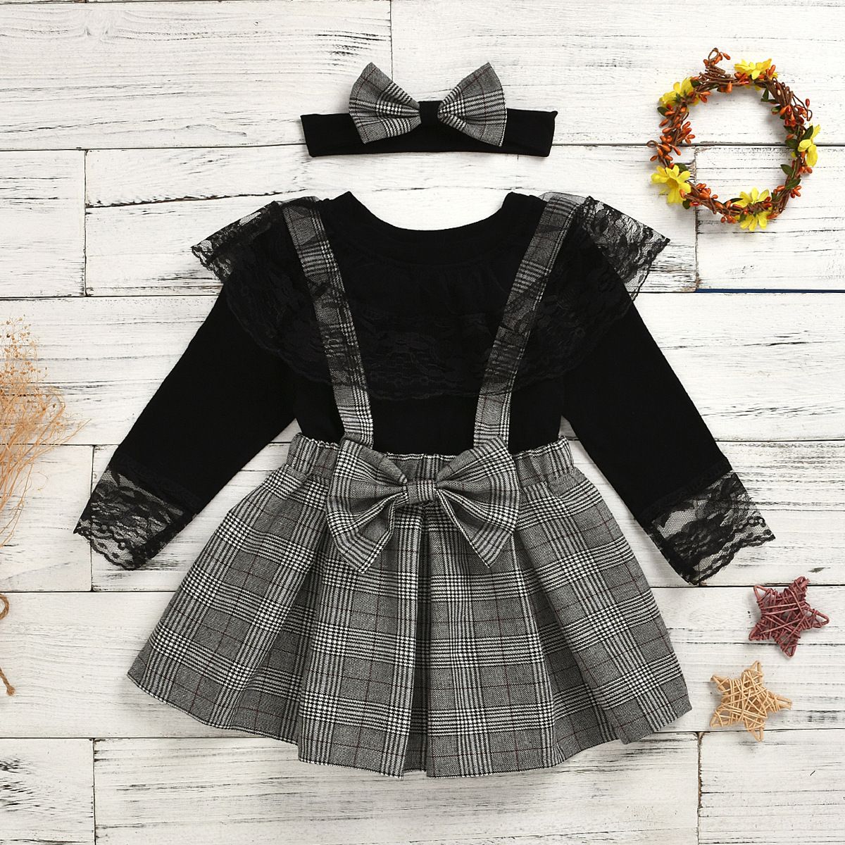 Spring Summer Ins Style European American Boys And Girls Suits Plaid Strap Lace Culottes Kid Clothes Set