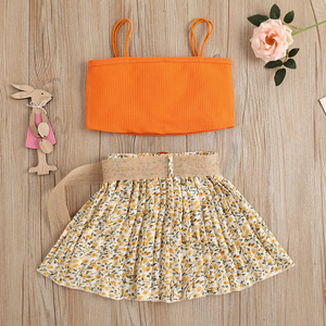 European American Style Children's Clothing Solid Color Pit Strip Suspender Top Printed Pleated Skirt Two-Piece Set