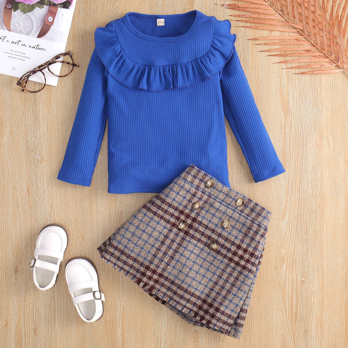 Autumn New Children's Long Sleeve Round Neck Lace Knit Plaid Skirt Two-Piece Set Kid Clothes