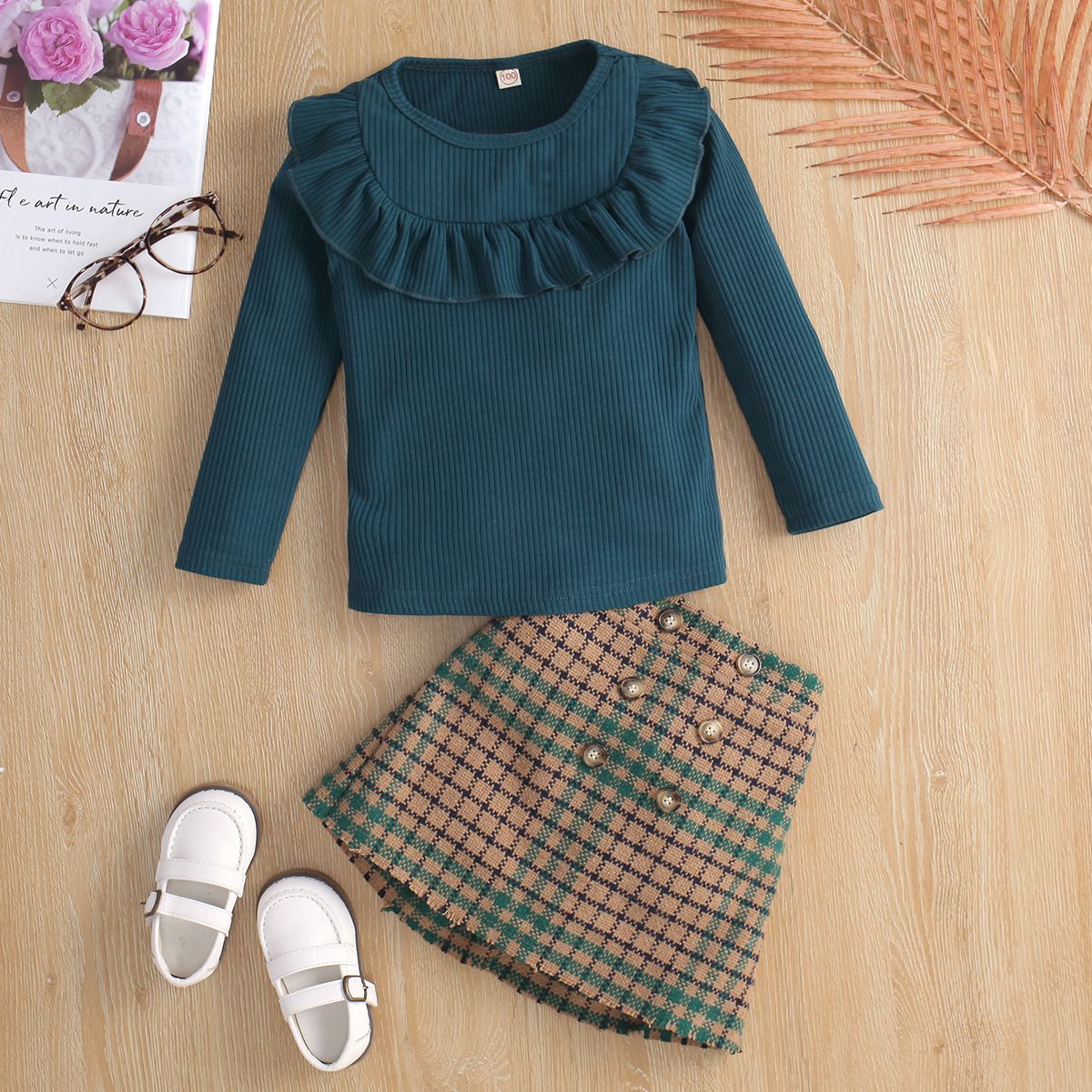 Autumn New Children's Long Sleeve Round Neck Lace Knit Plaid Skirt Two-Piece Set Kid Clothes