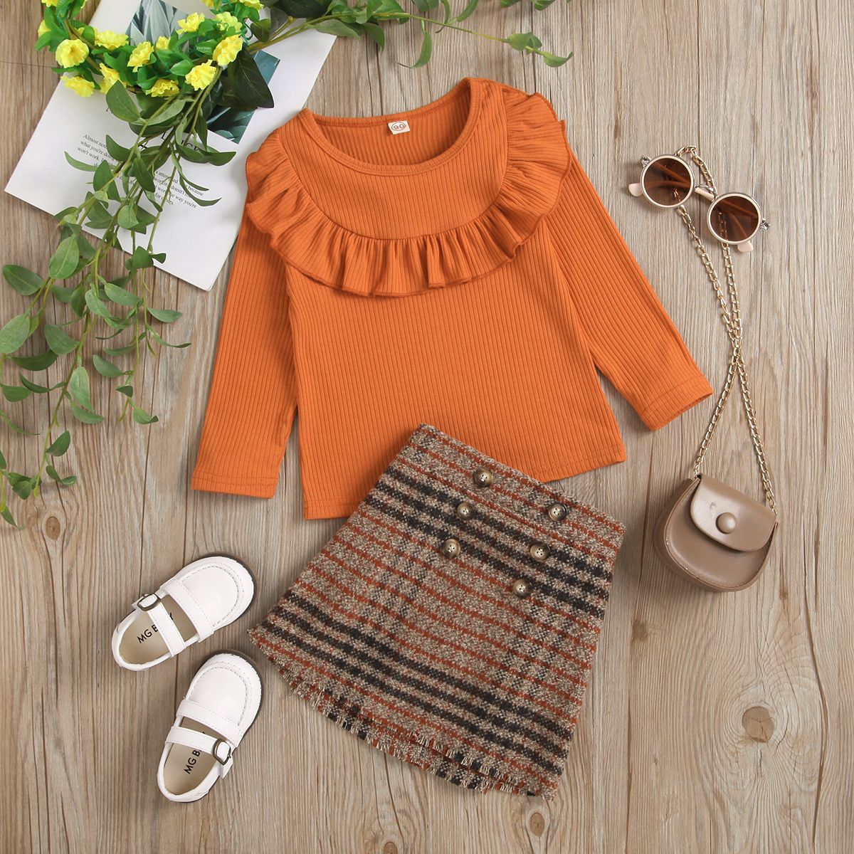 Autumn New Children's Long Sleeve Round Neck Lace Knit Plaid Skirt Two-Piece Set Kid Clothes