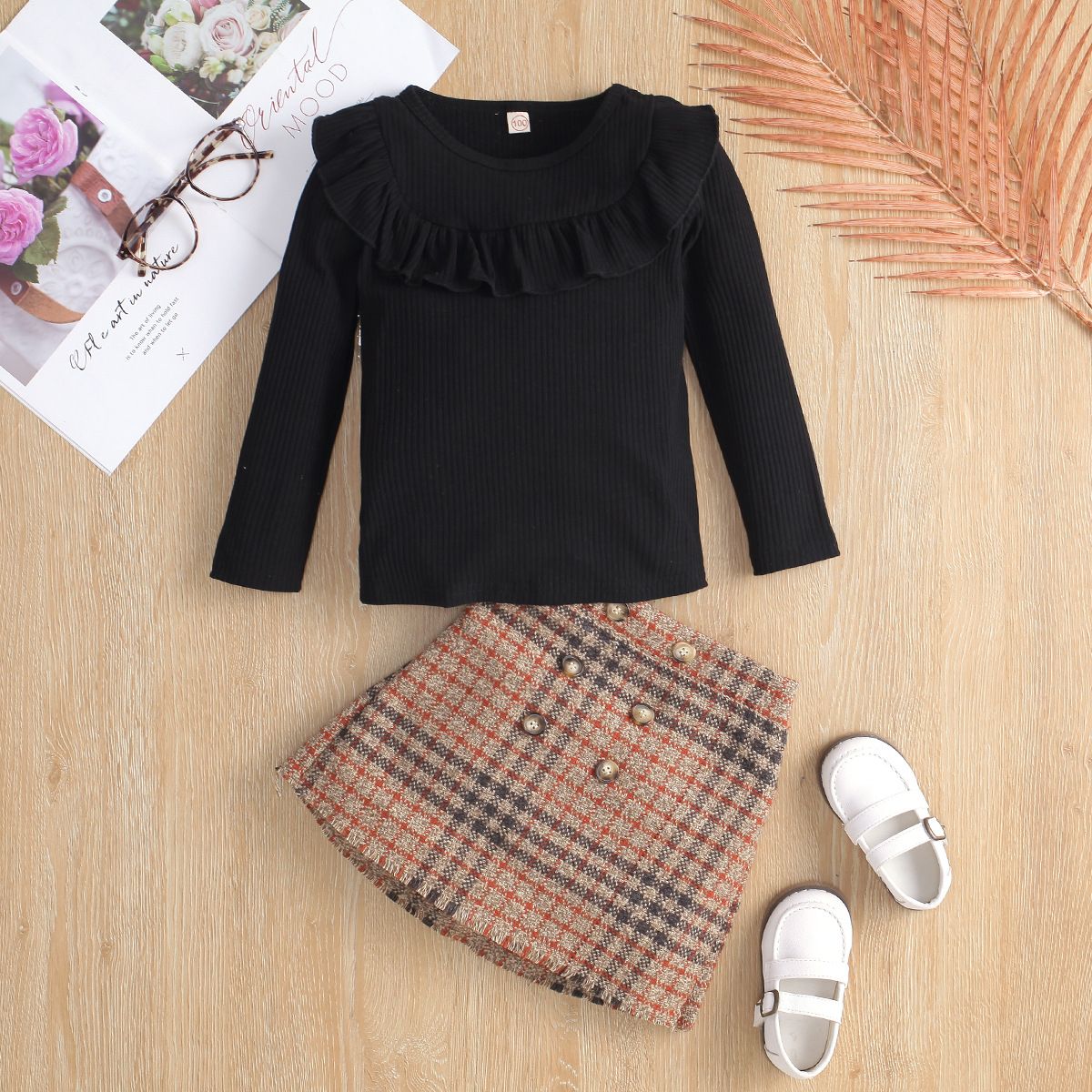 Autumn New Children's Long Sleeve Round Neck Lace Knit Plaid Skirt Two-Piece Set Kid Clothes