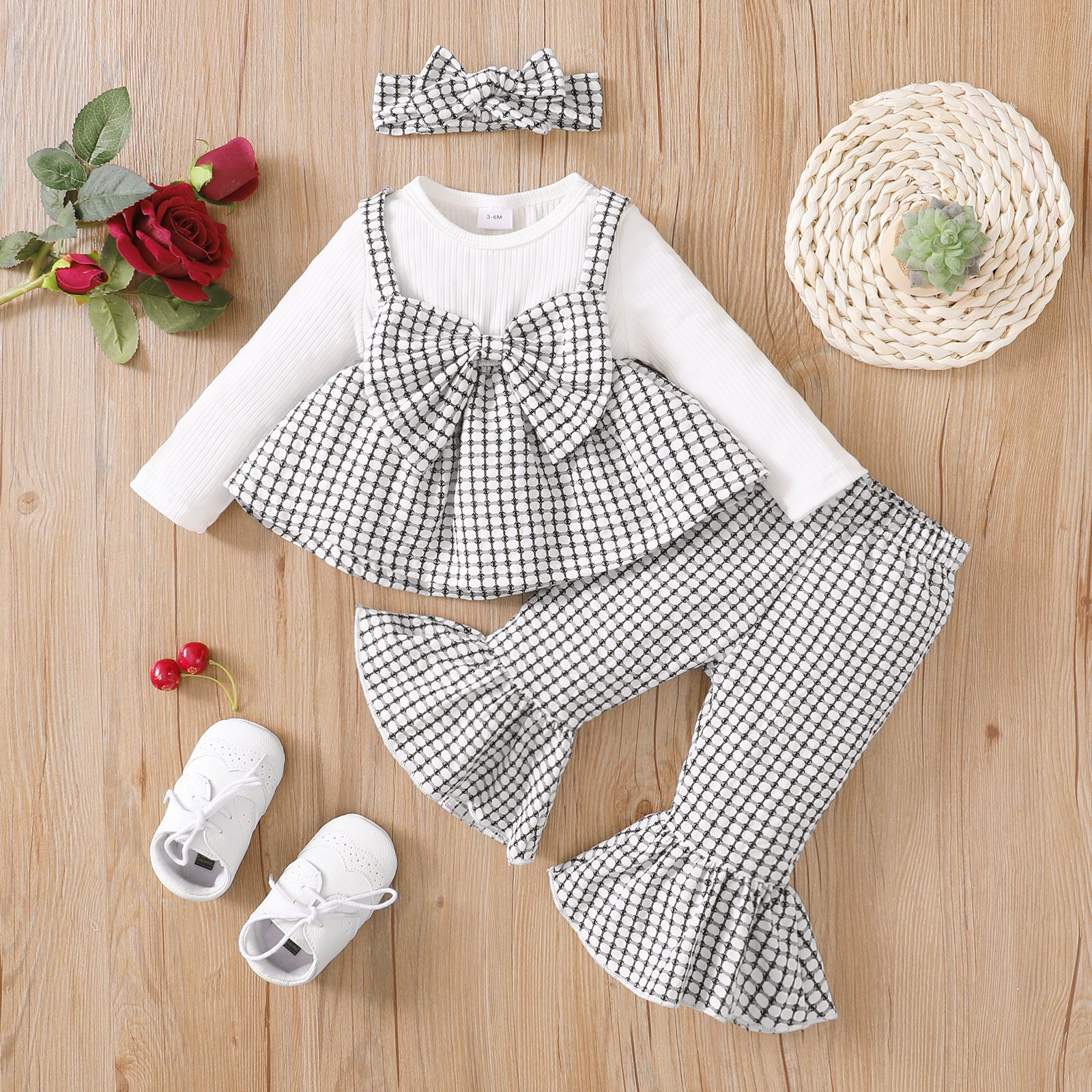 Baby Girl Plaid Long Suspender Big Bow + Casual Plaid Trousers Three-Piece Set In Stock