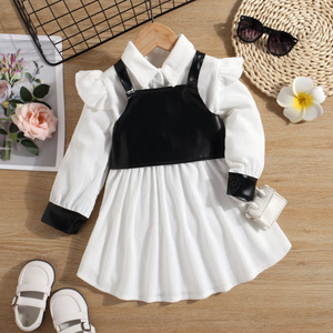 Girls Spring And Autumn Corduroy Lapel Dresses Leather Small Vest Two-Piece Set Foreign Trade Children's Clothing Wholesale