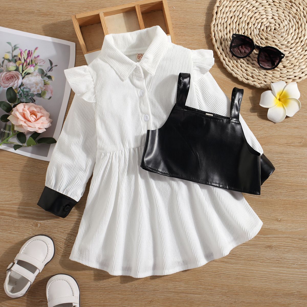 Girls Spring And Autumn Corduroy Lapel Dresses Leather Small Vest Two-Piece Set Foreign Trade Children's Clothing Wholesale