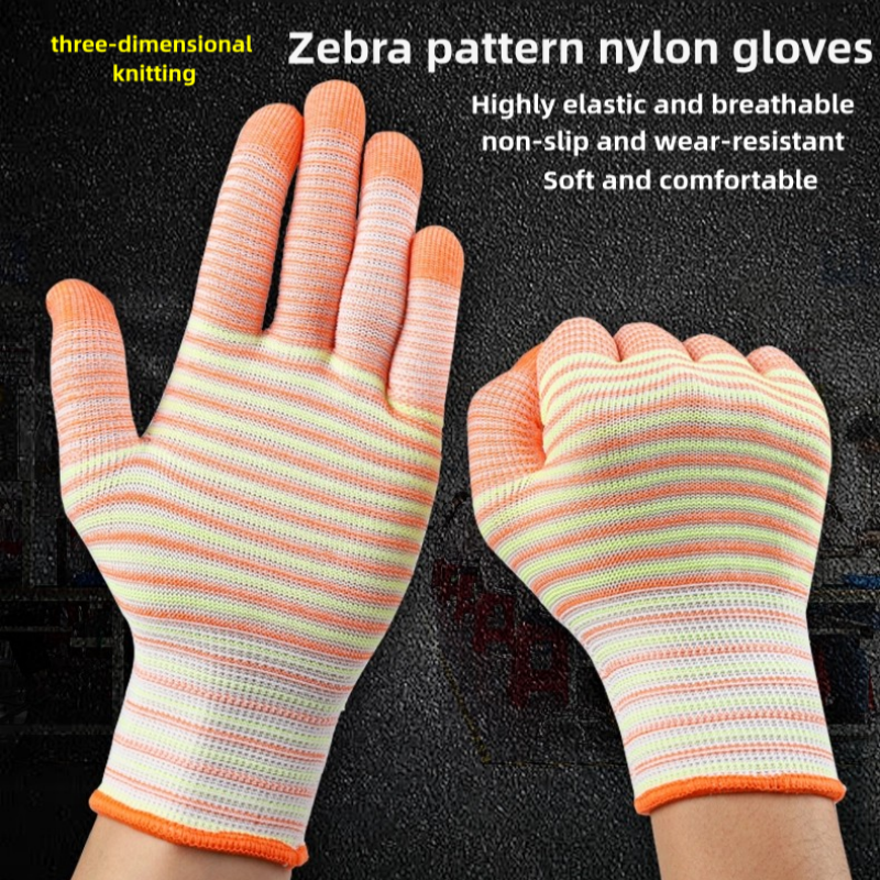 Thin knit zebra-print nylon wear-resistant anti-slip workshop packing work dust-free breathable protective work gloves