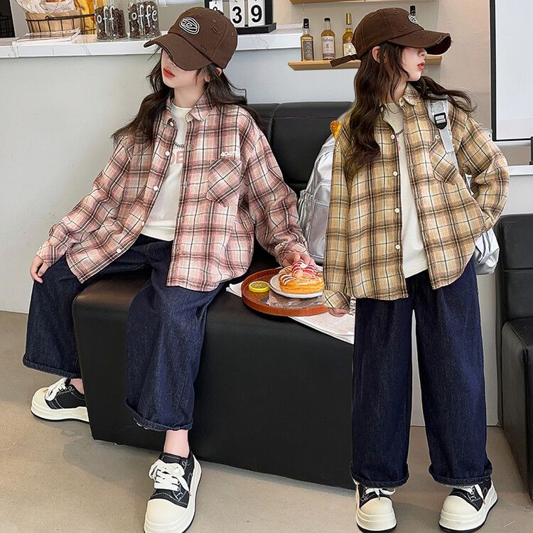 Girls' Plaid Button-Up Shirt - Long Sleeve Casual Top for Kids - Trendy and Comfortable Fall Fashion