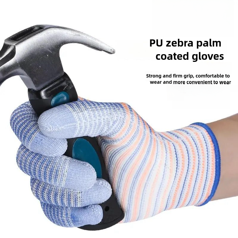 Thin PU zebra-print impregnated rubber coated palm comfortable packing handling electronics factory work protection gloves