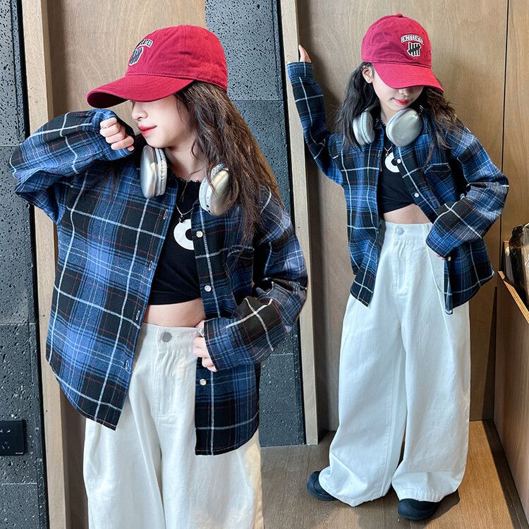 Girls' Oversized Plaid Flannel Shirt - Long Sleeve Button-Up Checkered Top for Kids