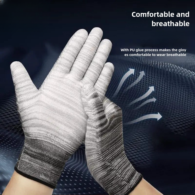 Thin stripe PU impregnated wear resistant breathable non-slip packaging electronics factory work protective gloves