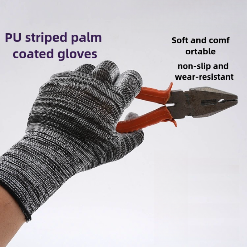 Thin stripe PU impregnated wear resistant breathable non-slip packaging electronics factory work protective gloves