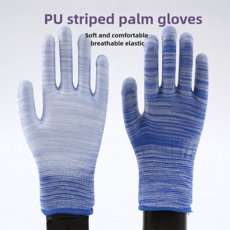 Thin stripe PU impregnated wear resistant breathable non-slip packaging electronics factory work protective gloves