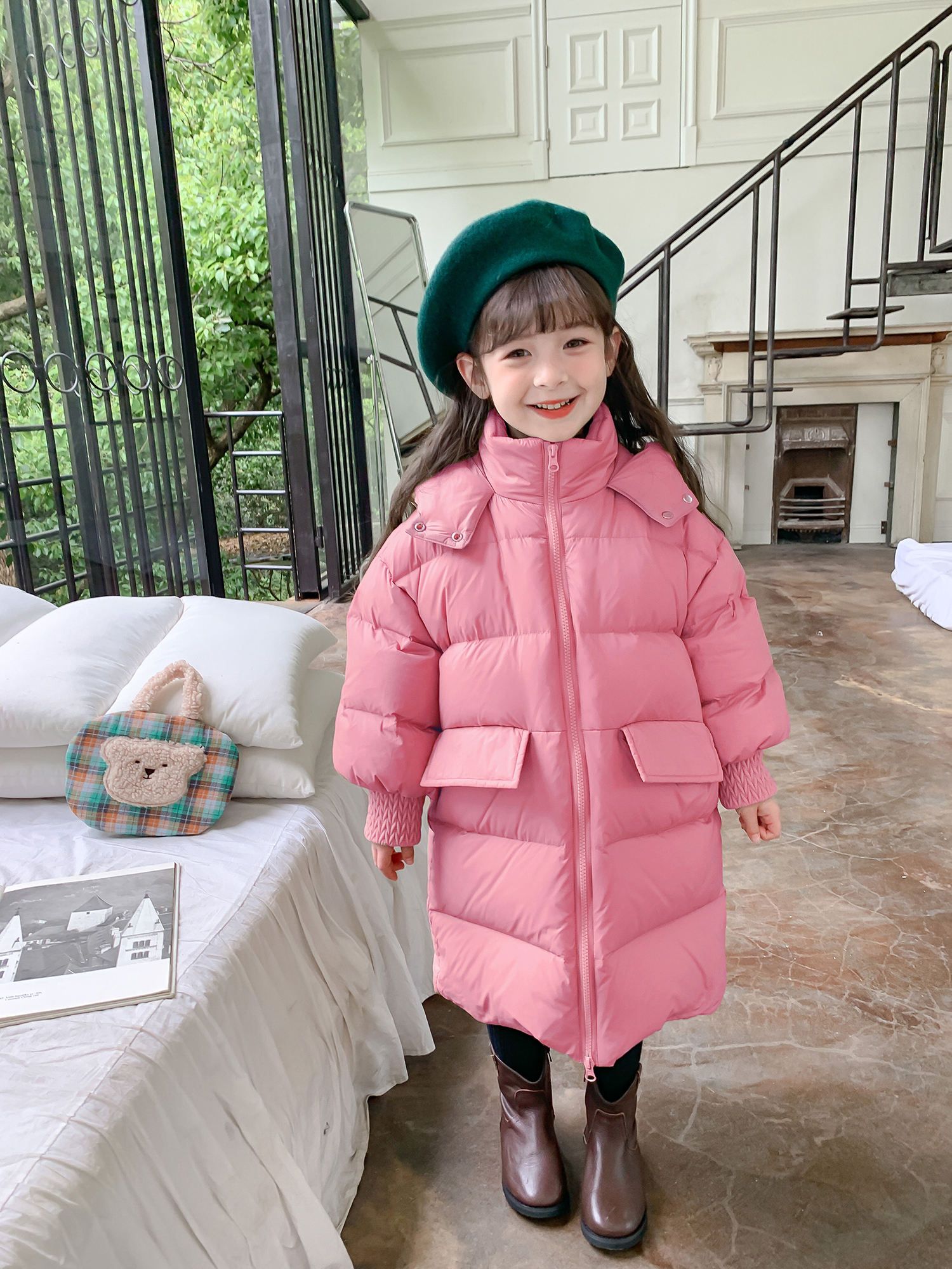 High quality girl baby puffer jacket hooded down padded kids winter coat